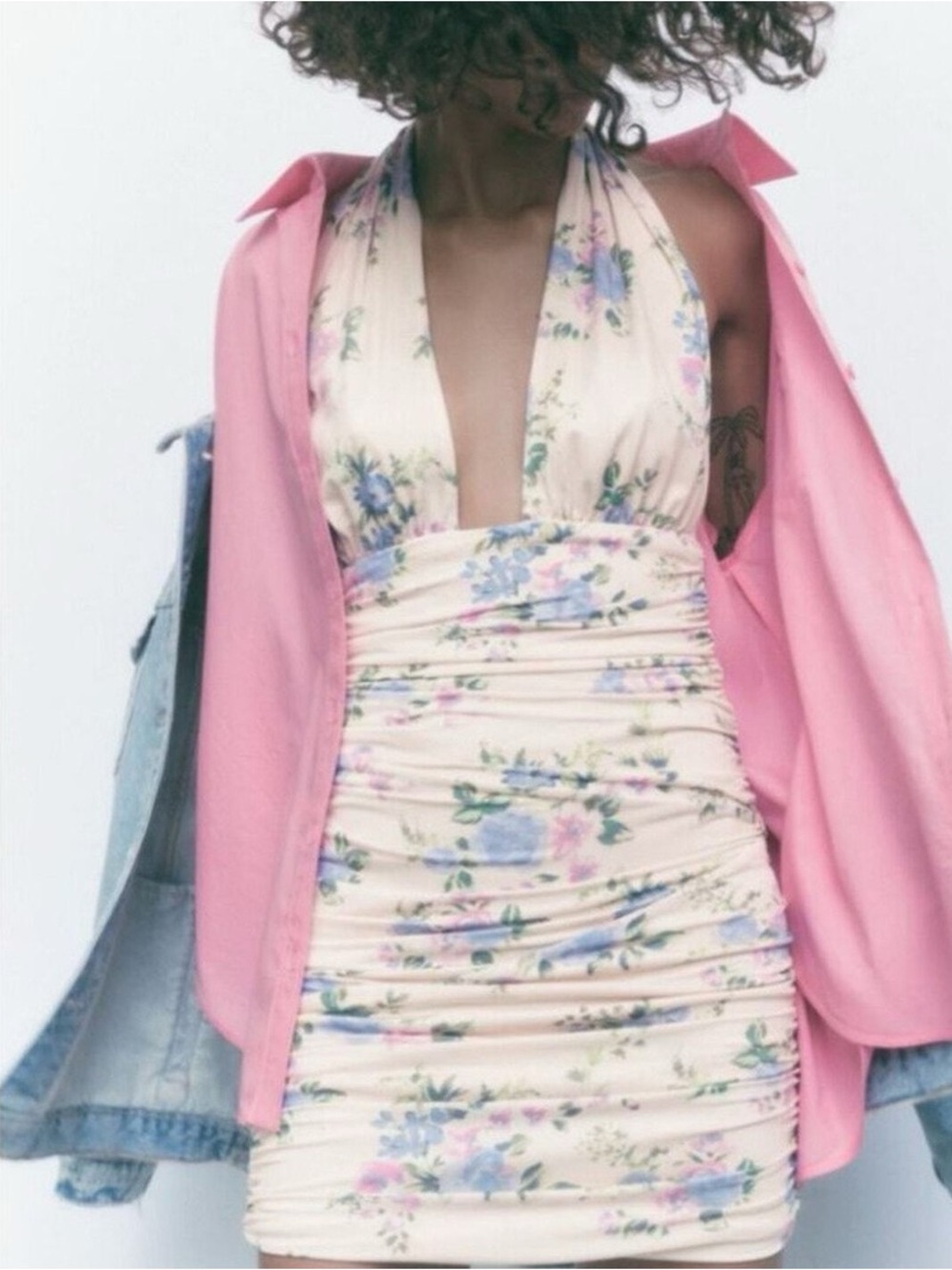 Zara Ruched Pink Floral Mini Dress